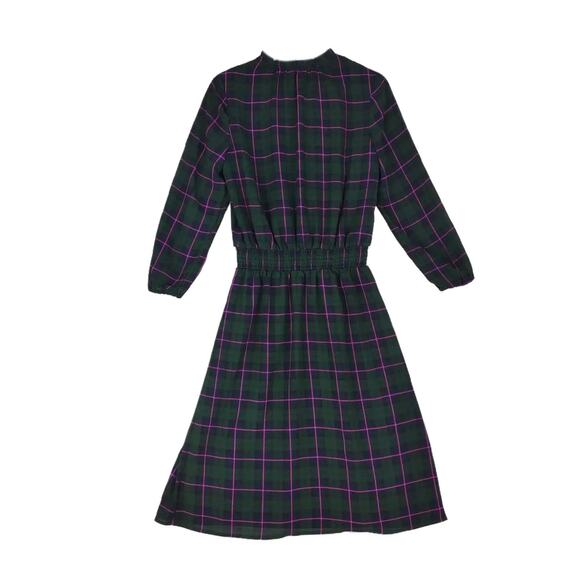 J CREW Dark Green Plaid Blouson Dress, Ruffle Tie Collar Puff Sleeve XS Academia - Picture 6 of 8